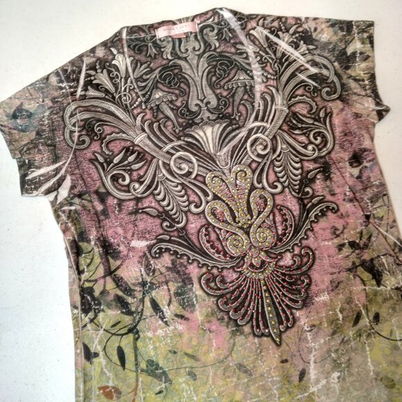 Vintage Y2K Romeo & Juliet Couture Shirt Small Purple Baroque Bling V Neck Top - Picture 1 of 16